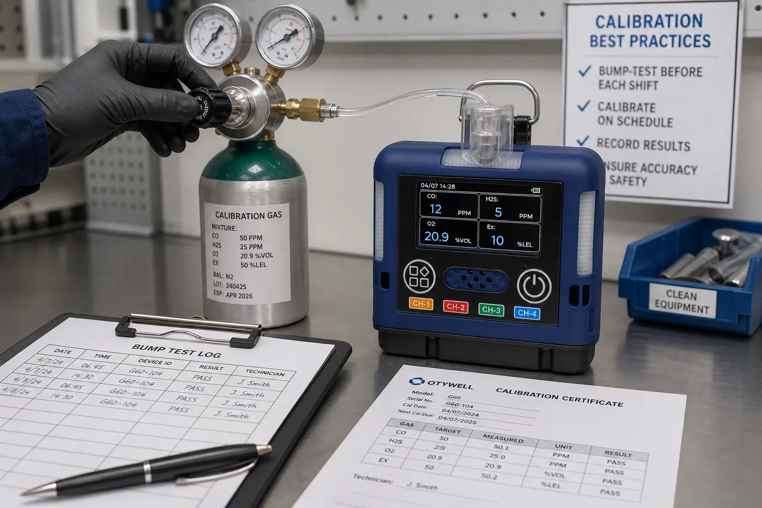 Otywell G60 4-in-1 portable multi-gas detector undergoing bump test and calibration with certified gas cylinder regulator and tubing — demonstrating daily sensor calibration routine for CO H2S O2 and LEL channels