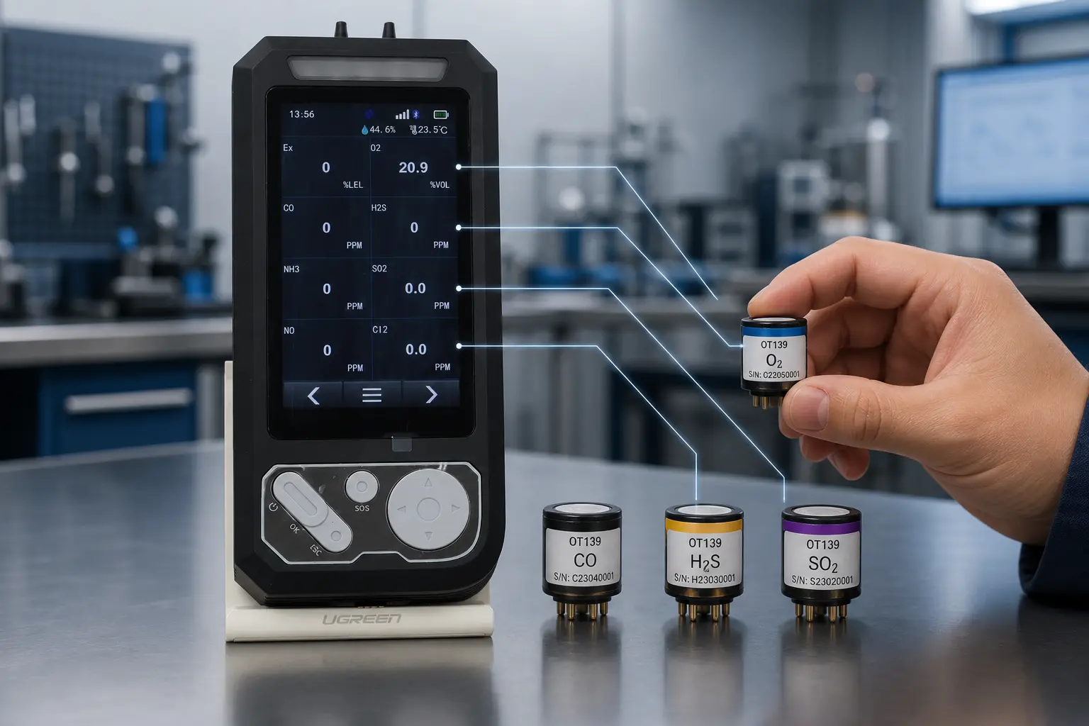 Otywell OT139 8-in-1 multi-gas detector with four electrochemical sensor modules arranged alongside — showing how portable gas detectors combine multiple sensor technologies for confined space entry and industrial safety monitoring