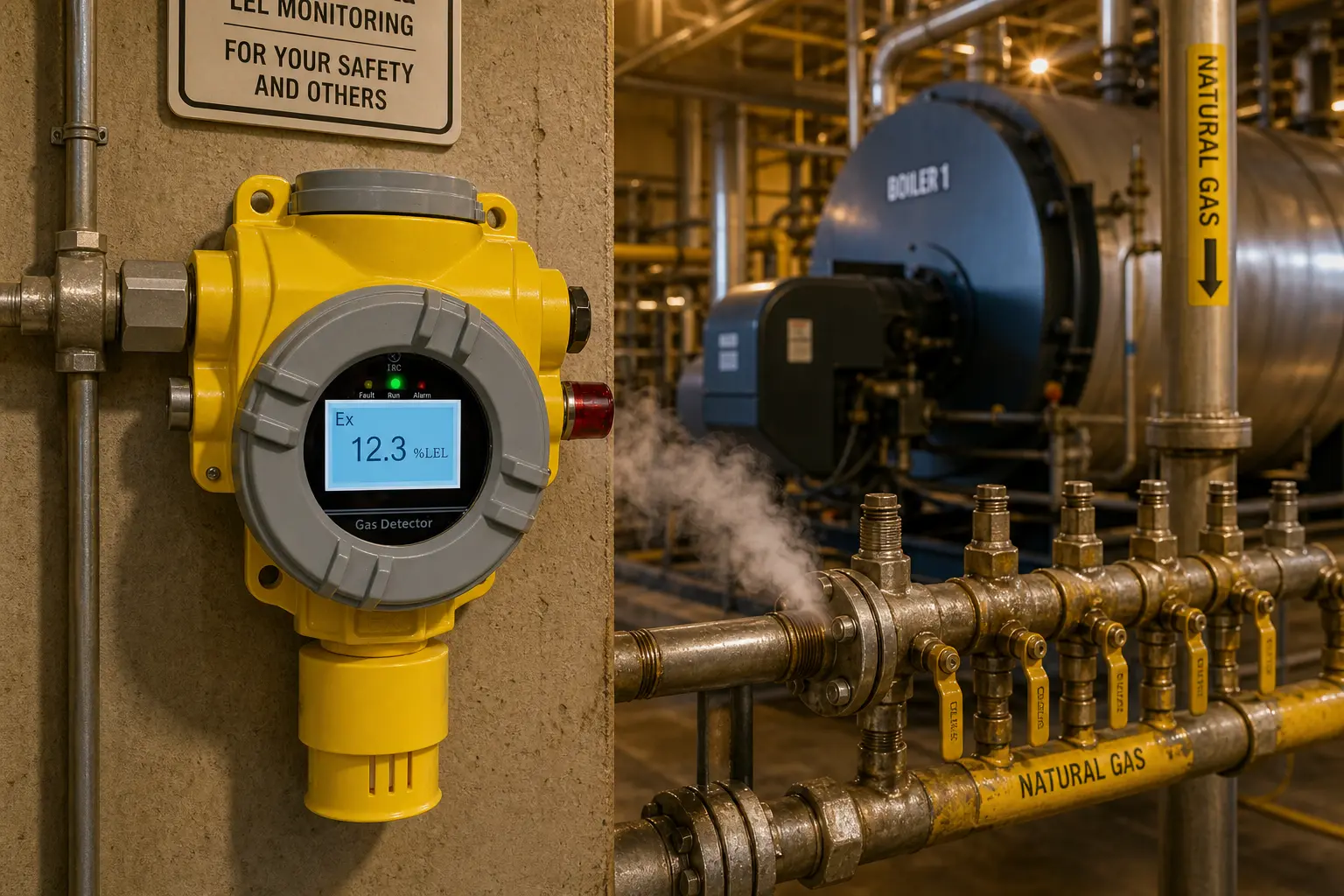 Otywell TCB2 fixed gas detector with catalytic combustion sensor mounted on boiler room pipeline manifold — %LEL combustible gas monitoring for methane propane and hydrogen in industrial gas plants