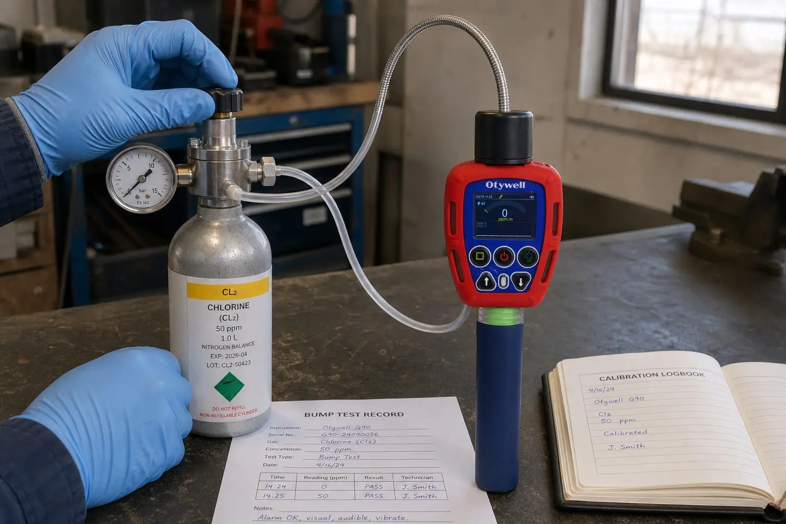 Chlorine gas detector bump test and calibration equipment setup