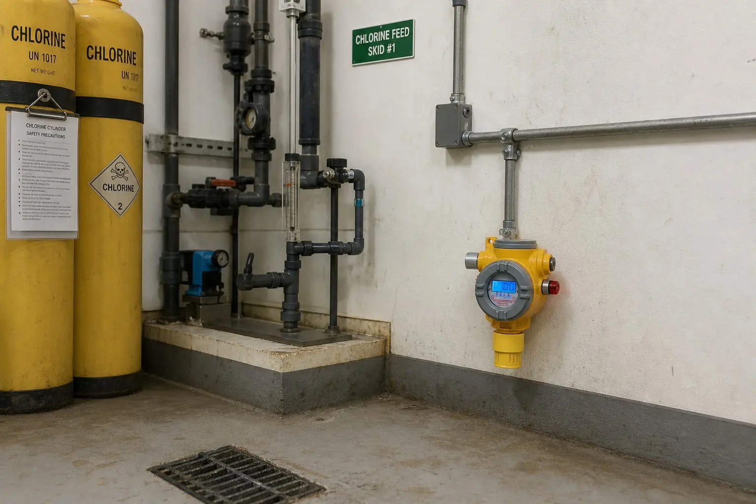 Chlorine gas detector placement in a water treatment chemical room