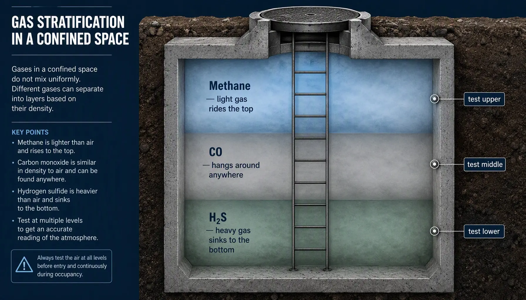 Confined space gas stratification light top heavy bottom
