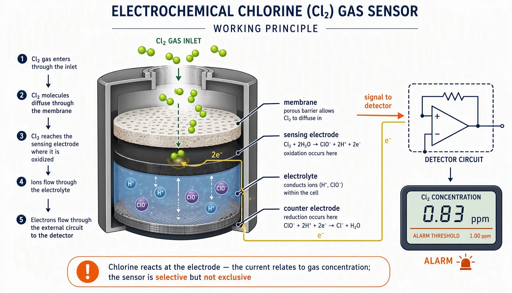 Electrochemical chlorine gas sensor working principle inside a Cl2 detector