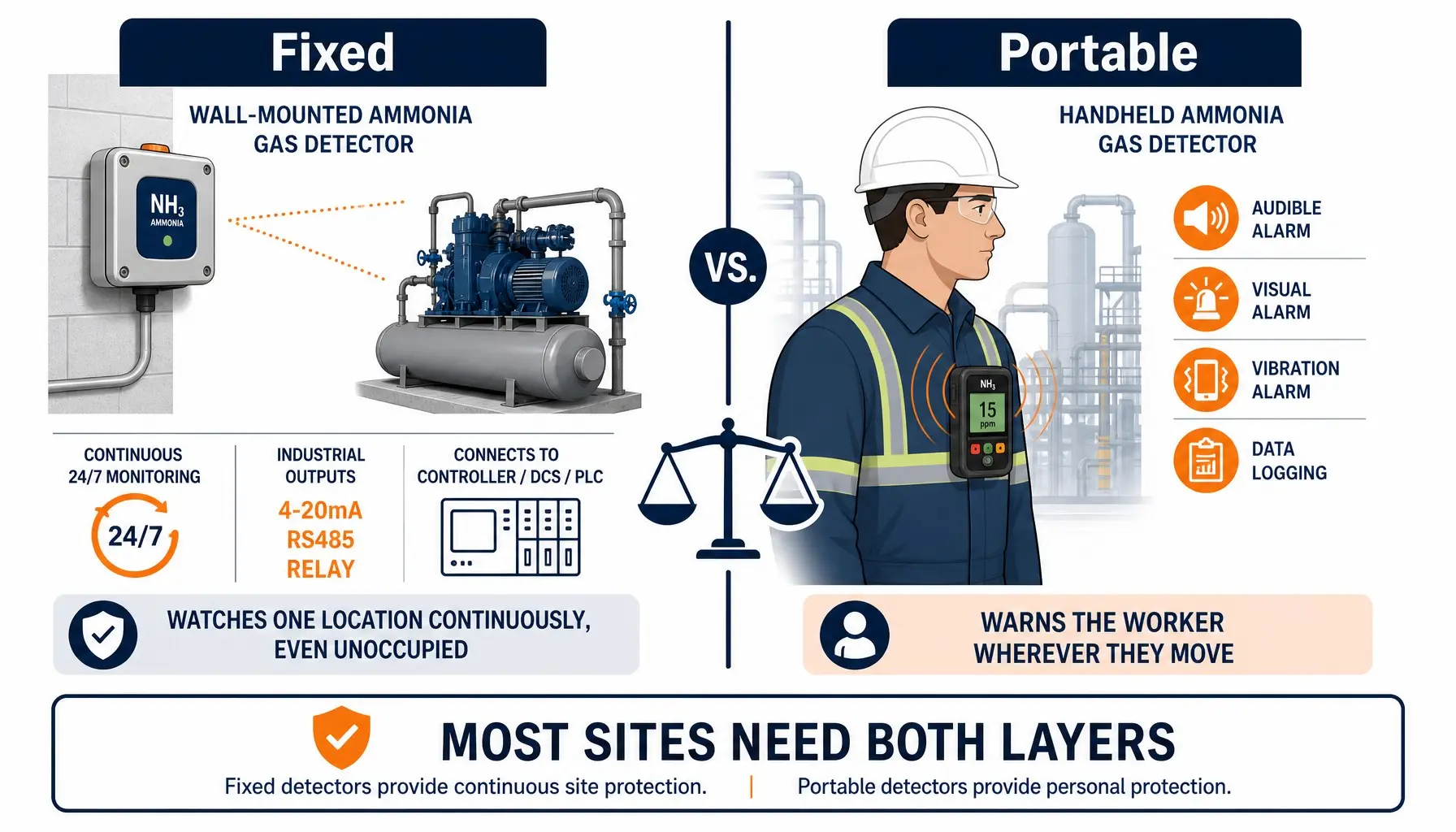 Fixed versus portable ammonia gas detector comparison for NH3 safety