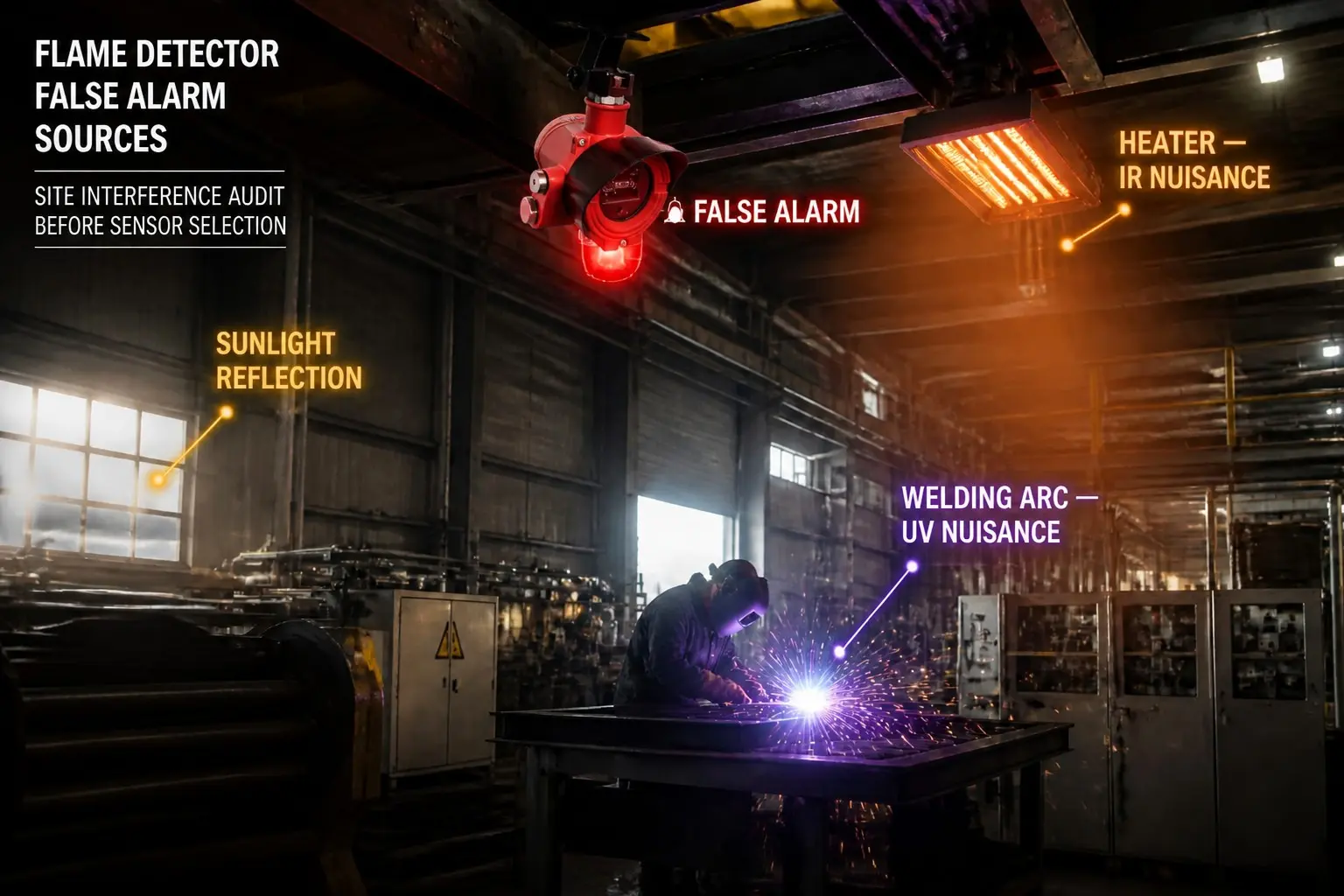 Flame detector false alarm sources welding heater sunlight