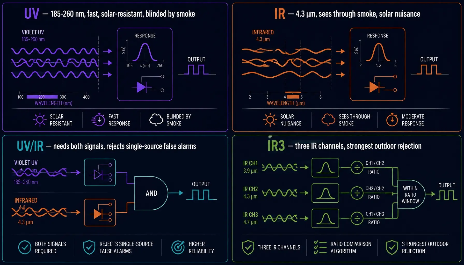 UV IR UV/IR and IR3 flame detector technologies compared