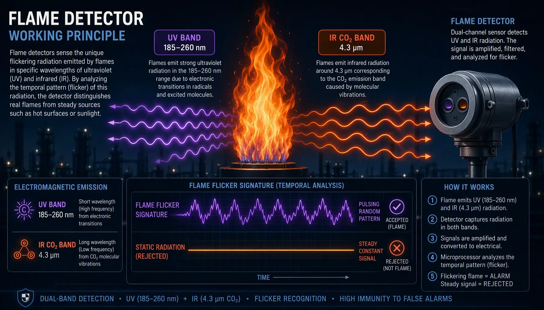 Flame detector UV 185-260nm and IR 4.3um detection bands