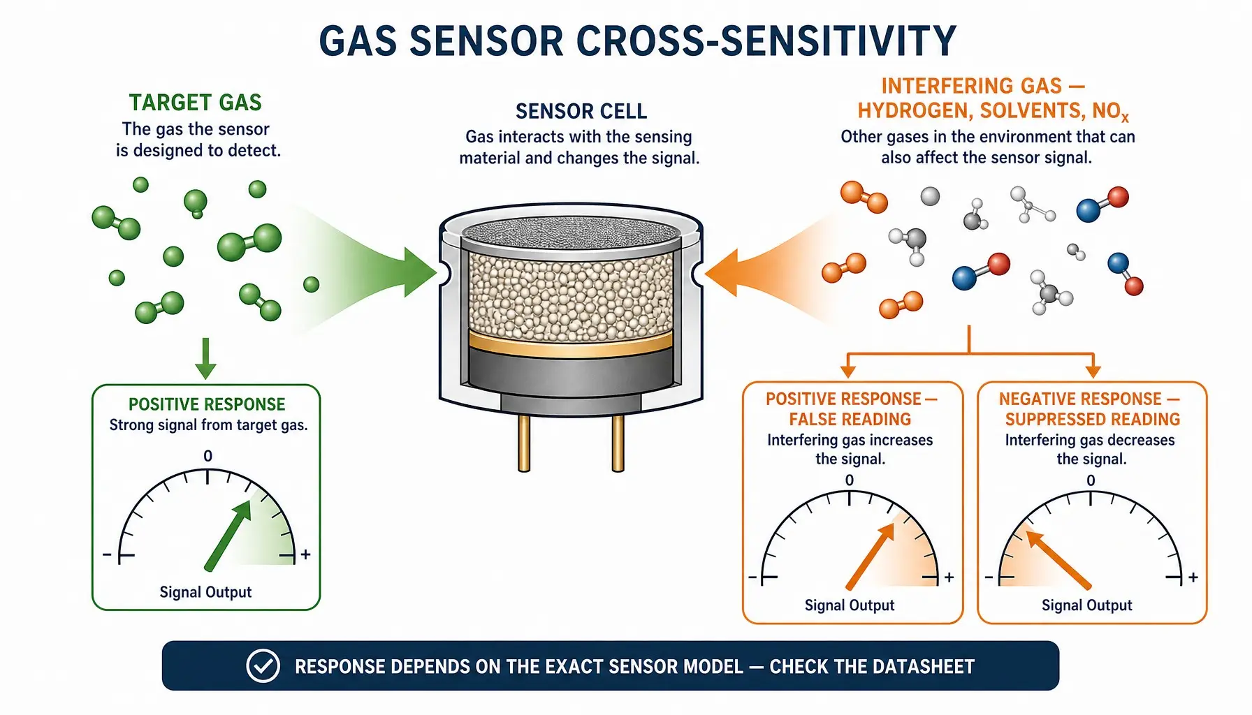 Gas sensor cross-sensitivity positive and negative response diagram