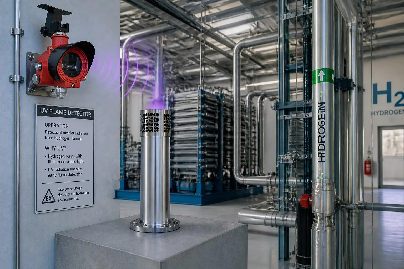 UV flame detector watching invisible hydrogen flame in electrolyzer hall
