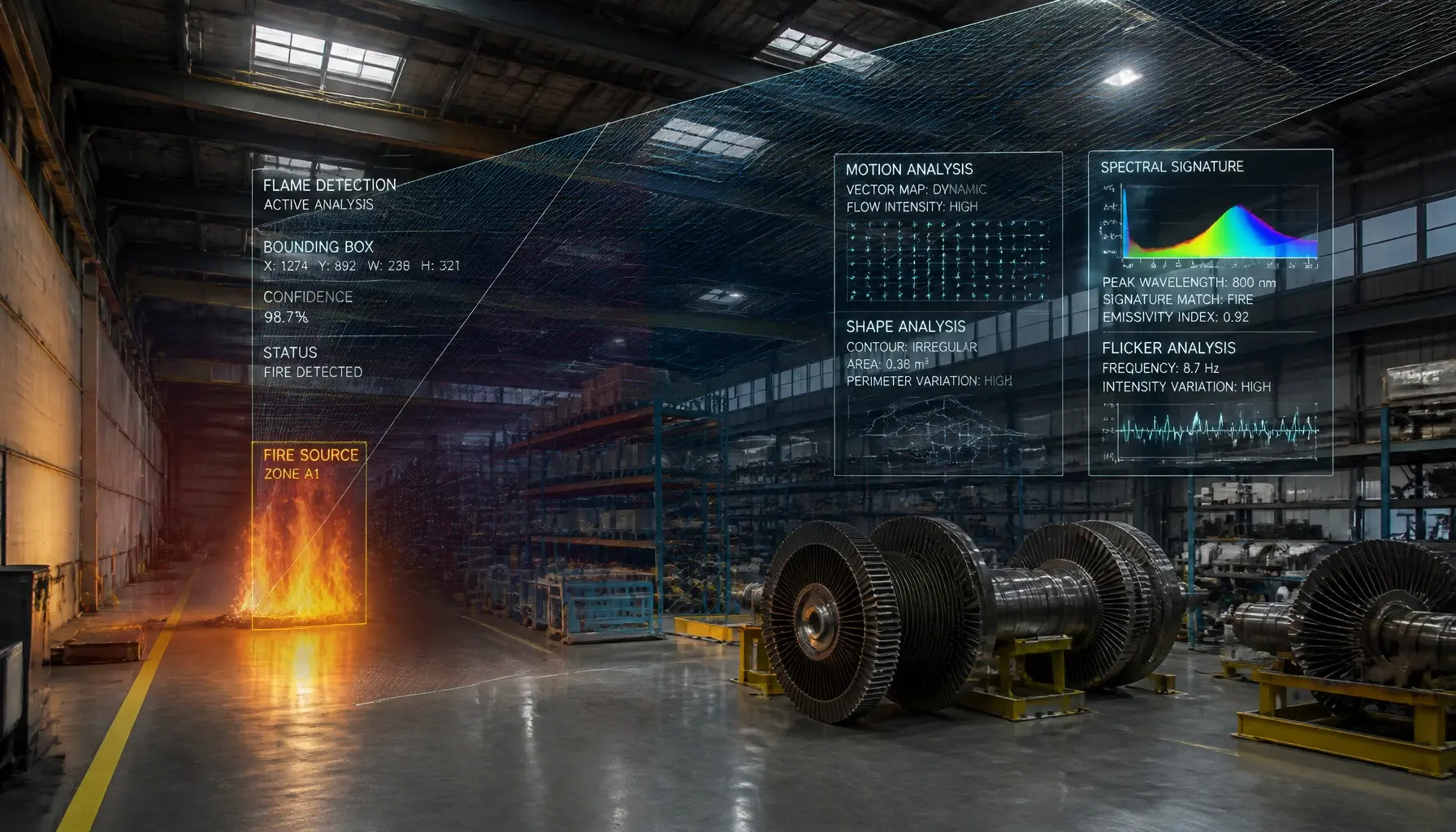 Image-based flame detector camera replacing point detectors in warehouse