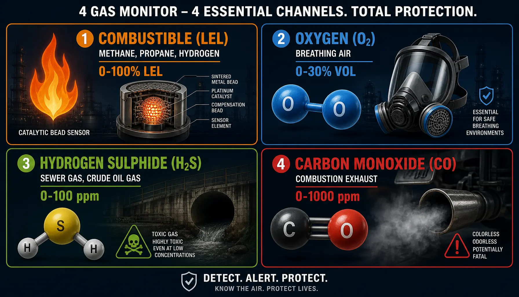 4 gas monitor four channels infographic