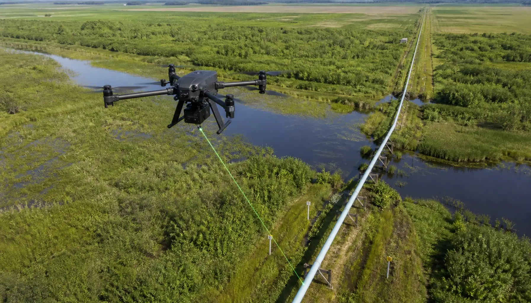 UAV drone with laser methane detection module surveying natural gas pipeline across marshland and farmland