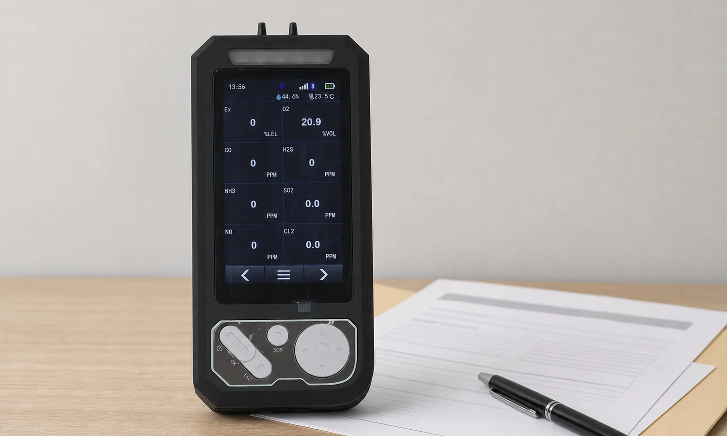 Carbon dioxide detector beside printed specification documents for a quotation