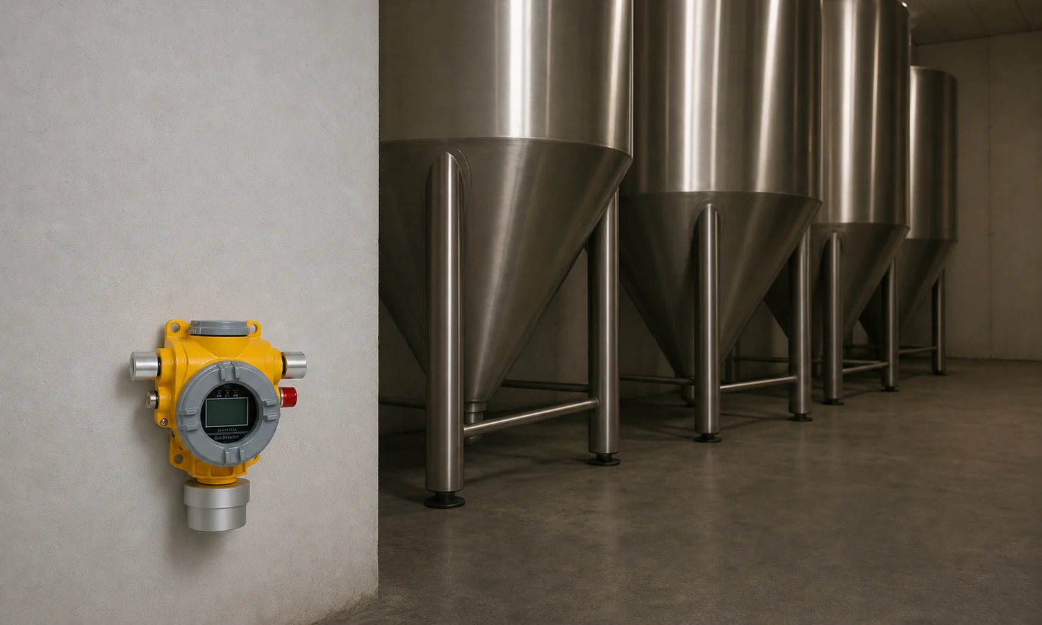 Fixed carbon dioxide detector mounted low in a brewery fermentation cellar