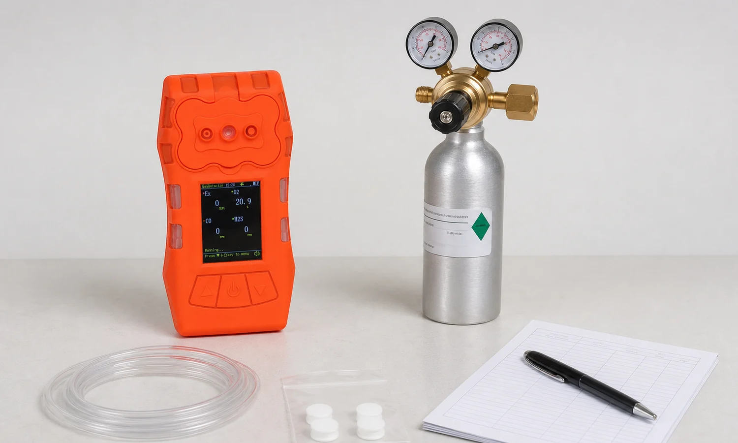 Carbon dioxide detector test kit with gas cylinder regulator tubing and record sheet
