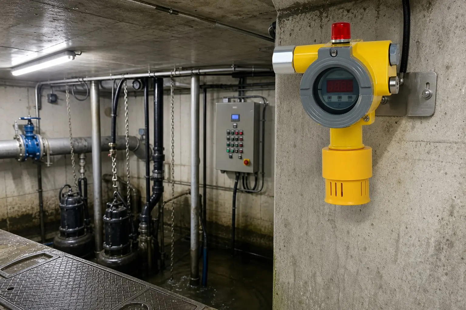 Fixed sewer gas detector placement for hydrogen sulfide and methane in a lift station