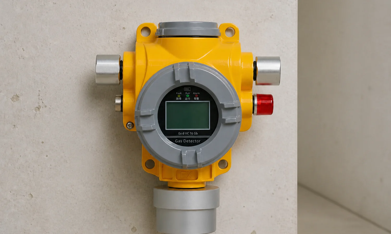 Fixed formaldehyde detector mounted on a wall near an indoor transfer point