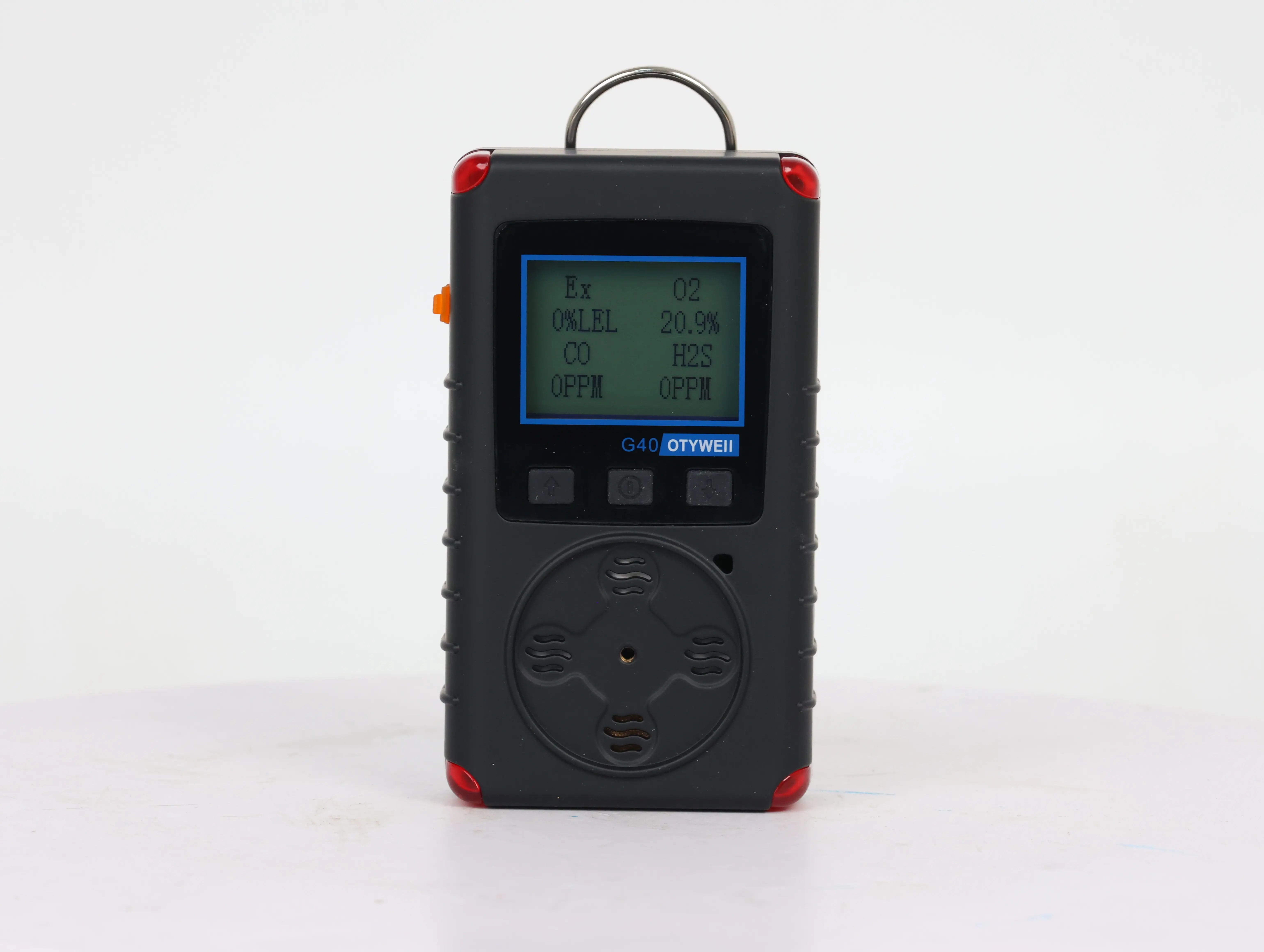Otywell G40 multi-gas detector showing LEL oxygen carbon monoxide and hydrogen sulfide channels