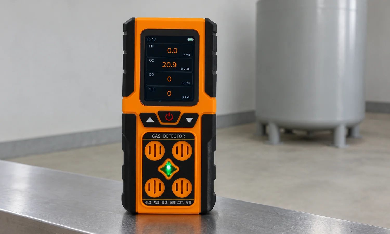Portable detector showing a configured hydrogen fluoride channel in ppm