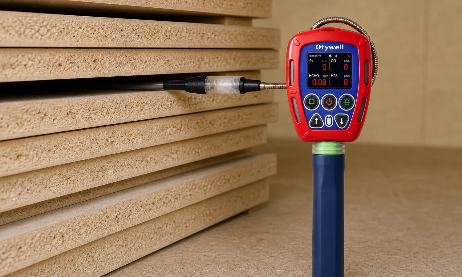 Pump suction detector probe inserted into a stack of boards