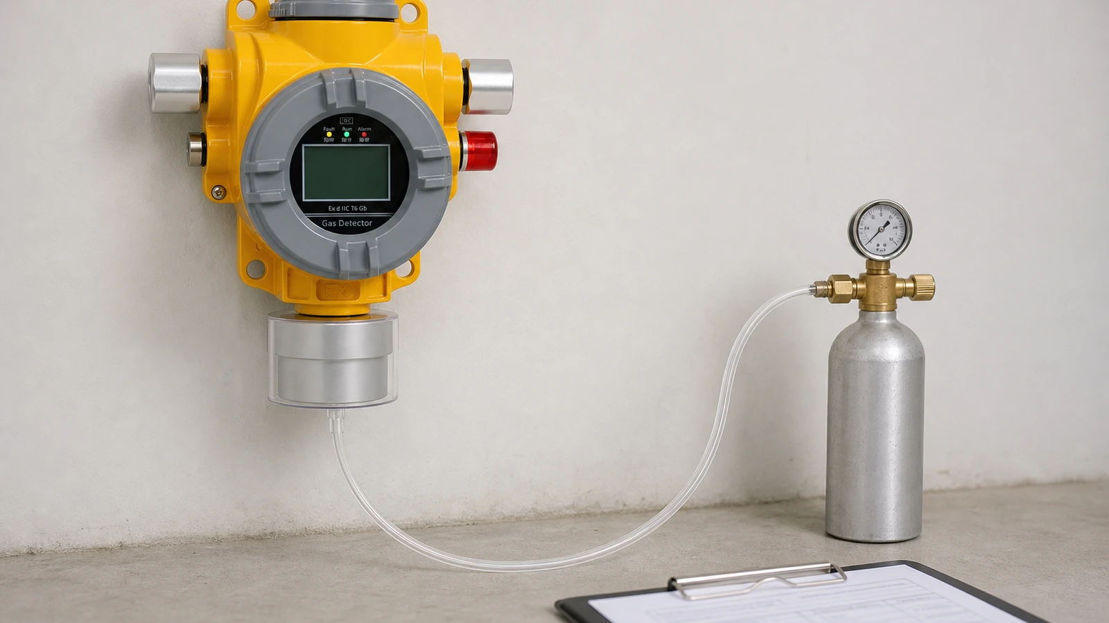 Gas detection system acceptance test with calibration gas on a fixed detector