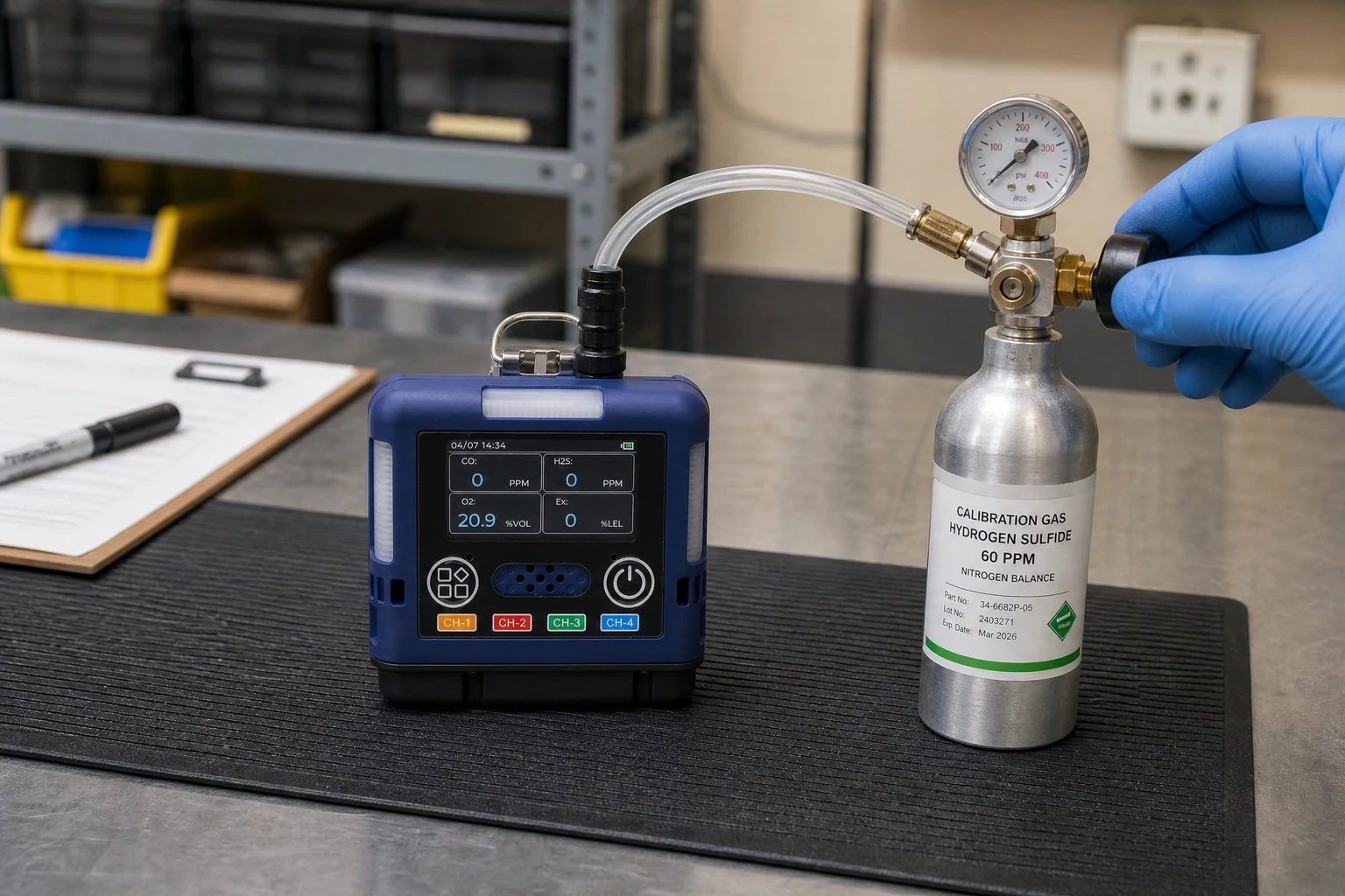 Otywell G60 connected to tubing beside a calibration gas cylinder and regulator