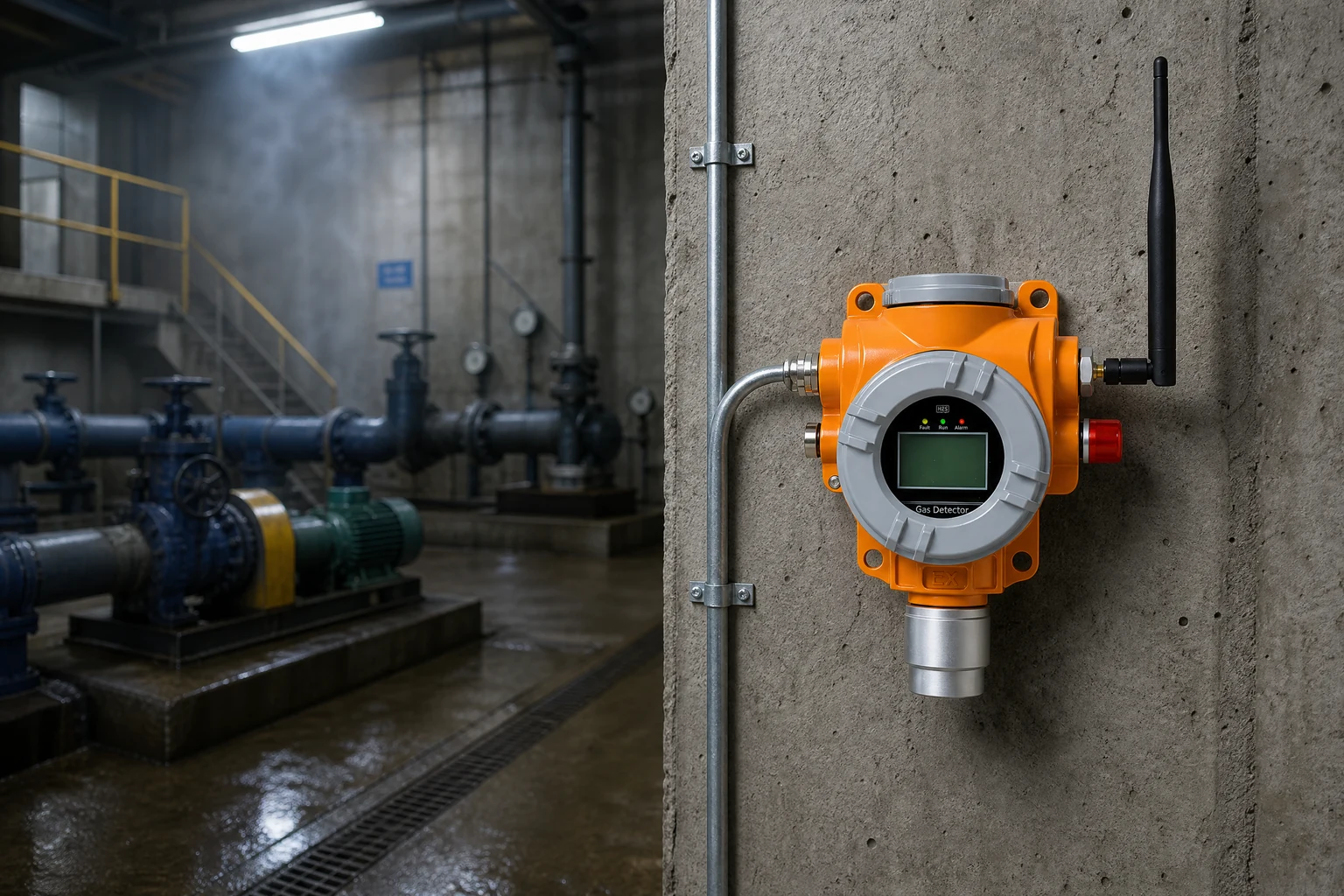 Otywell TCB2-W fixed gas detector beside piping in an indoor pump room