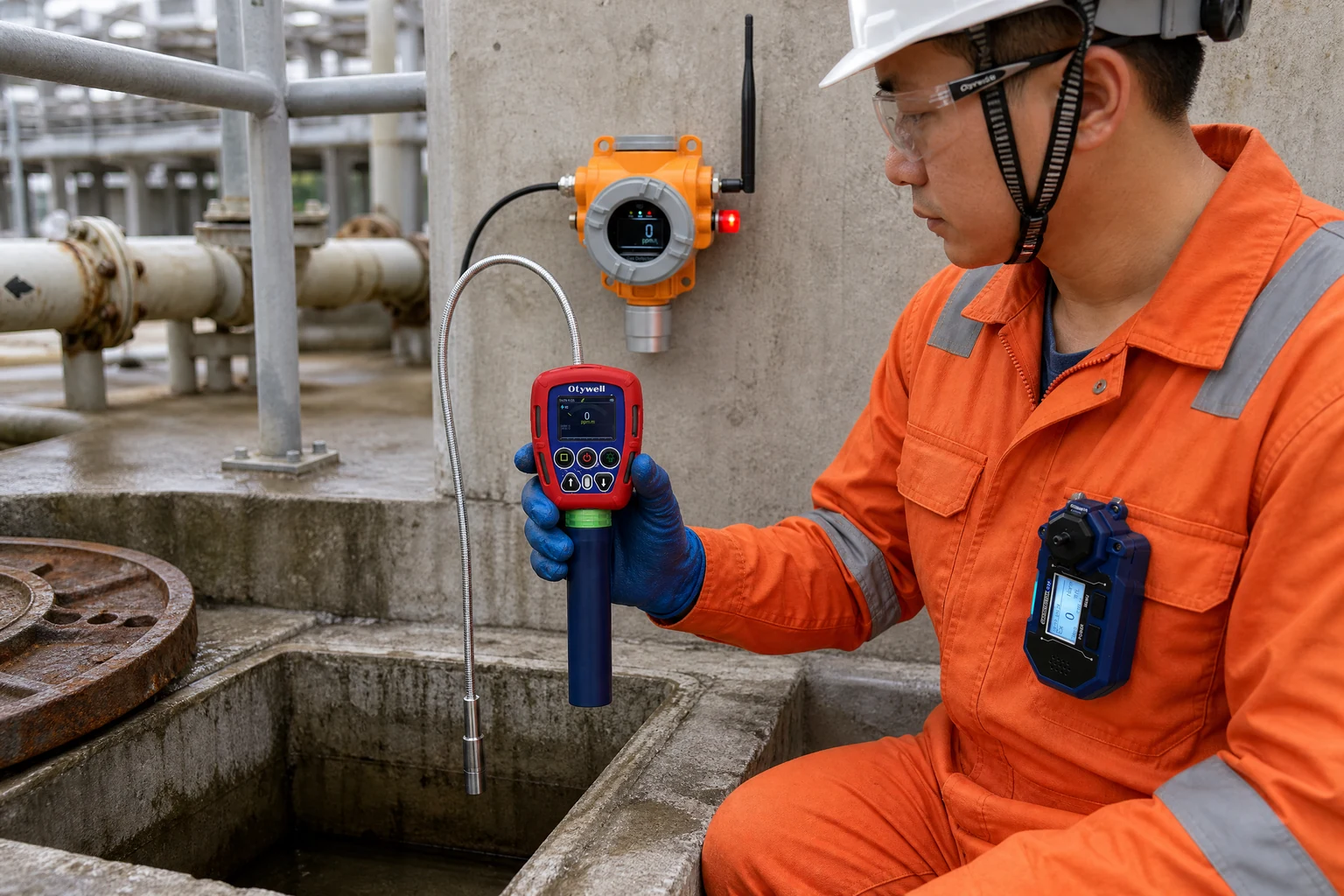 Portable, wearable and fixed Otywell gas detectors beside a concrete inspection chamber