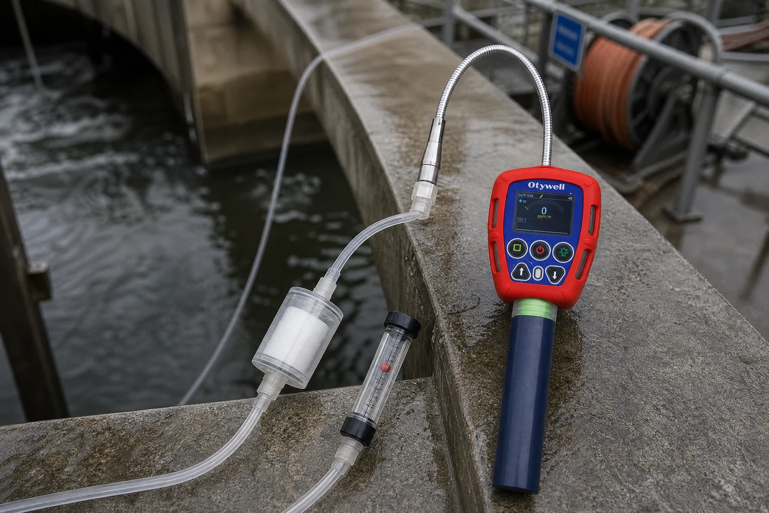 Otywell G90 beside a basin with transparent tubing, an inline filter and a flowmeter