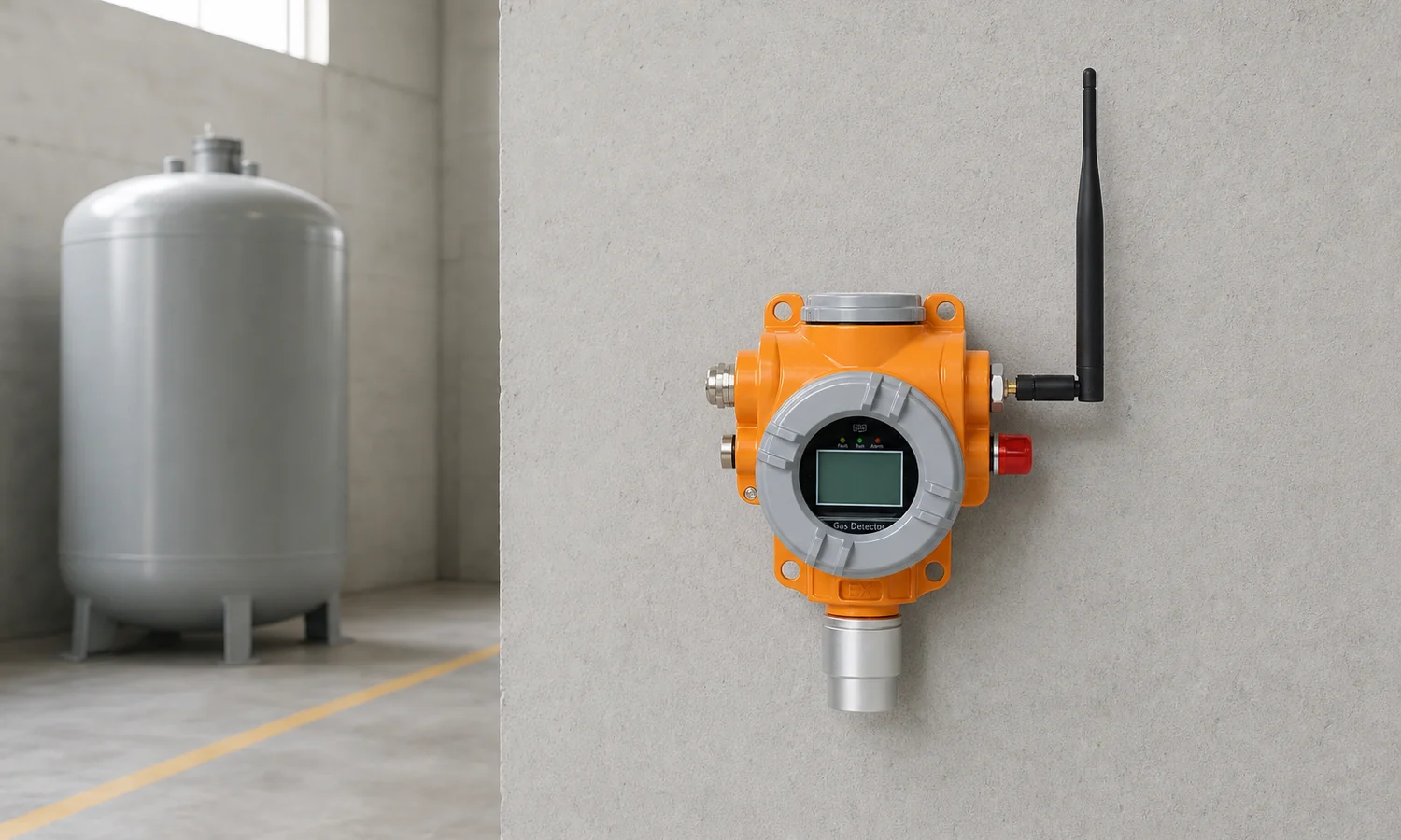 Wireless hydrogen fluoride detector mounted in a plain process room
