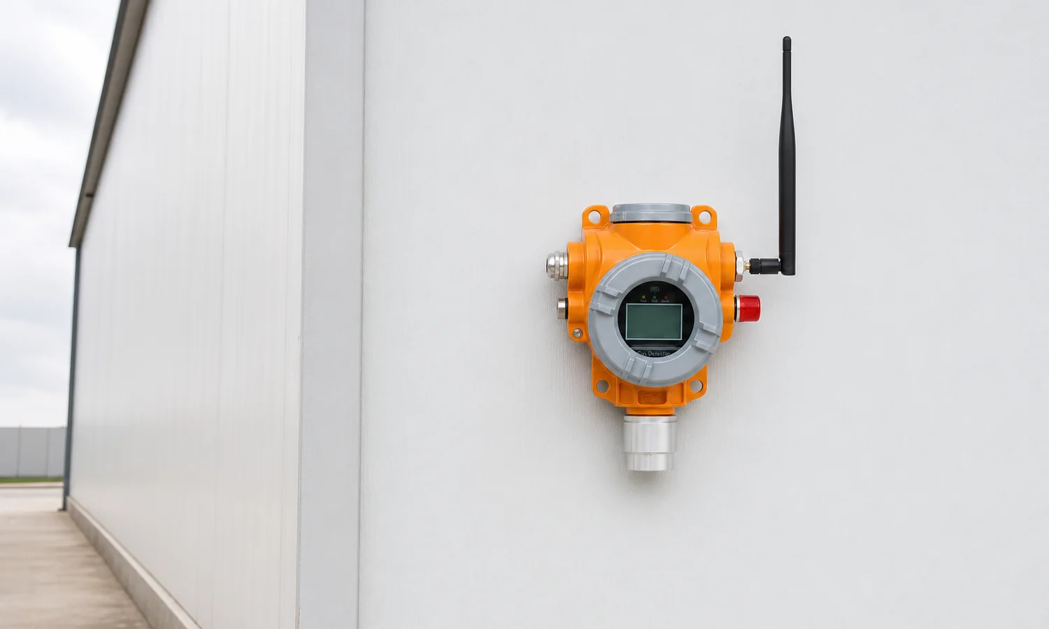 Wireless hydrogen fluoride detector on an outdoor building wall
