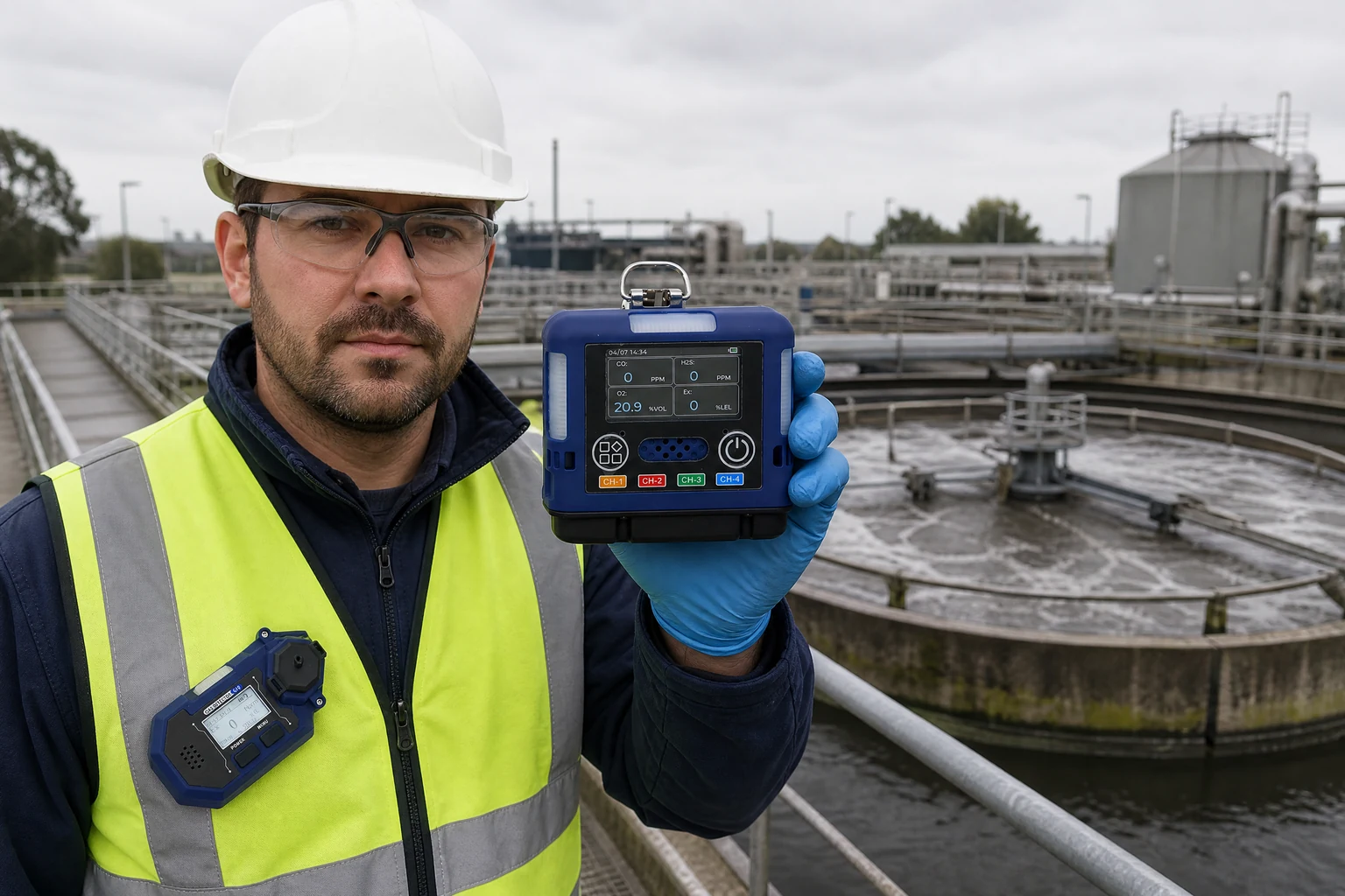 Worker holding an Otywell G60 and wearing a G10 at a wastewater treatment plant