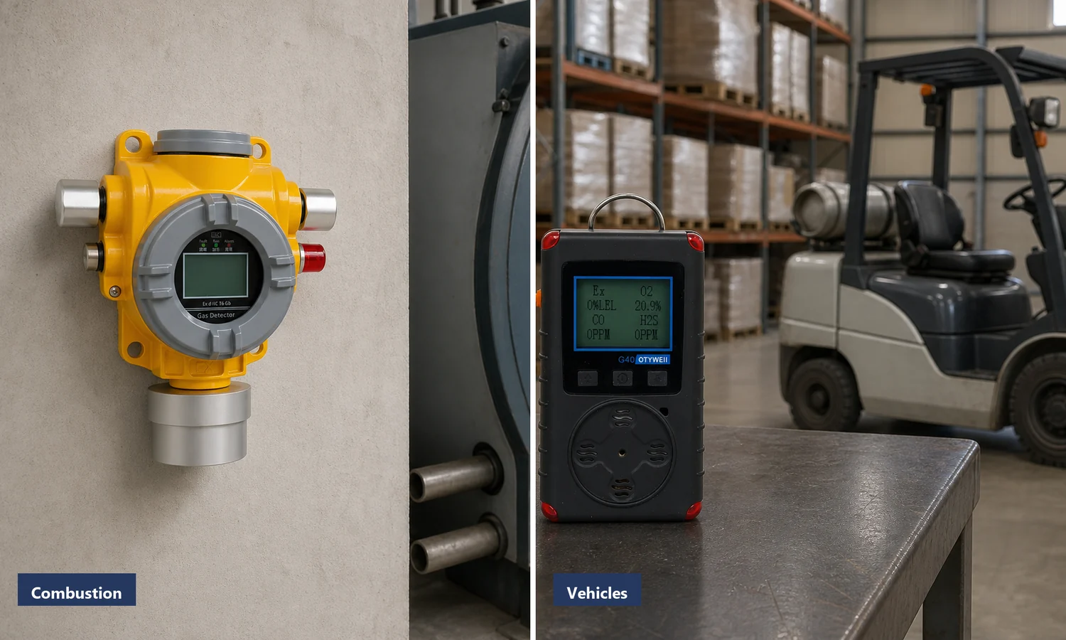 Carbon monoxide sources in boiler rooms warehouses engine areas and industrial furnaces