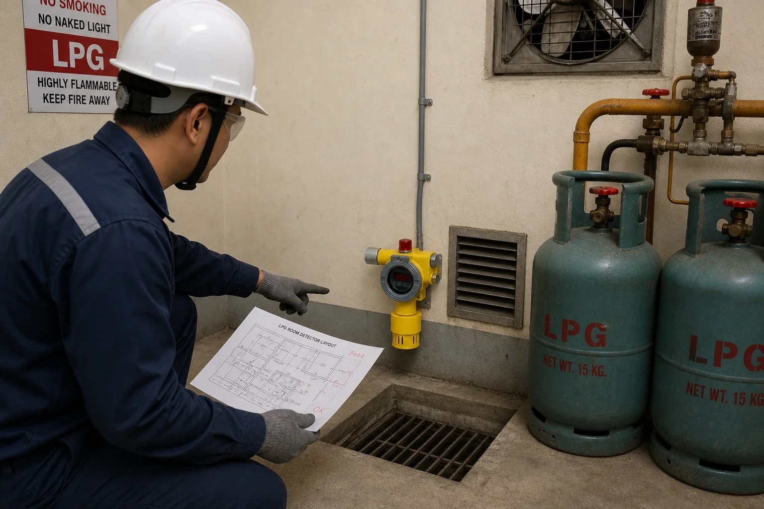 Leak sources ventilation and low areas considered in LPG detector placement