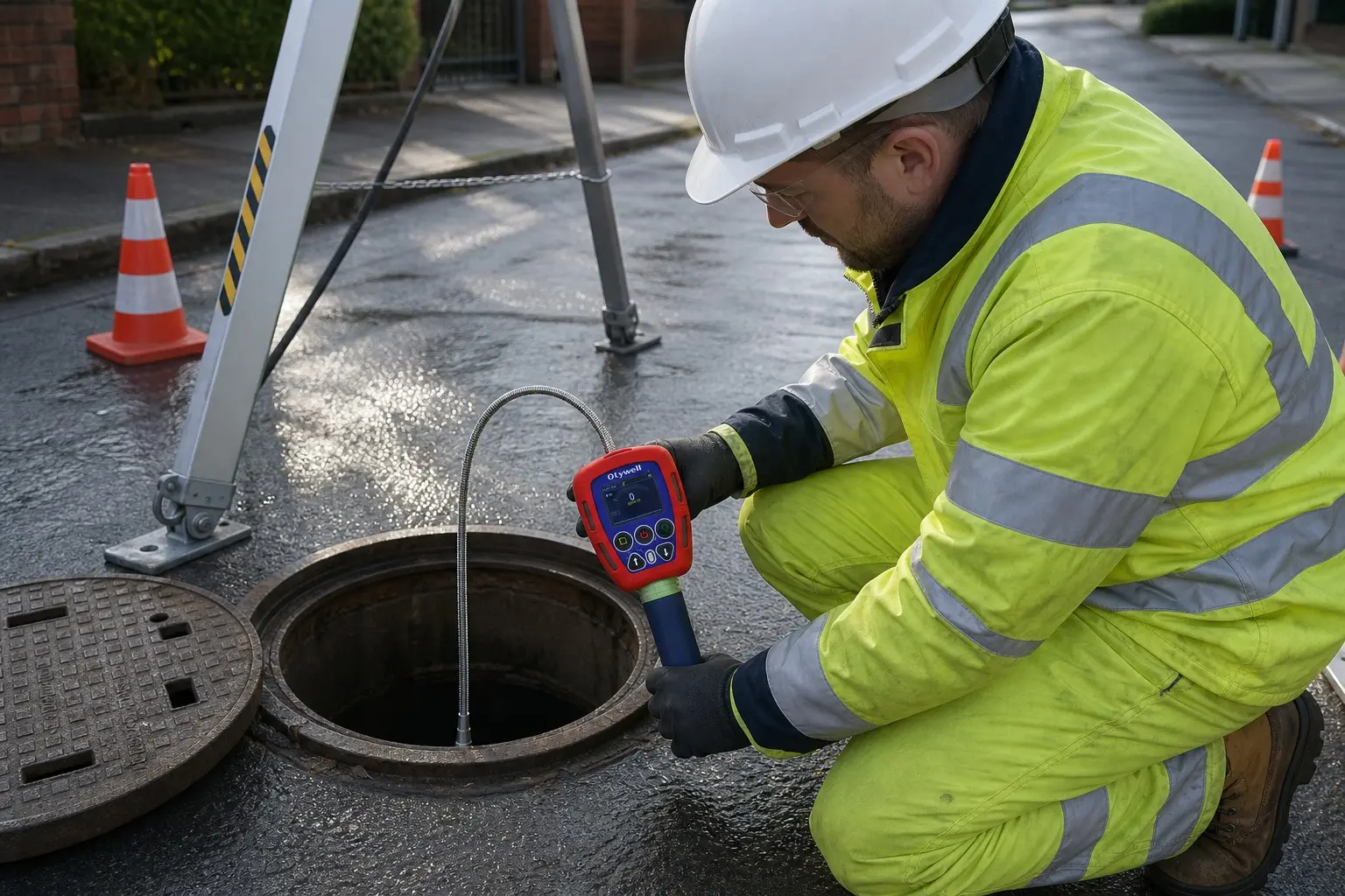 Pumped sewer gas detector sampling a manhole from outside before entry