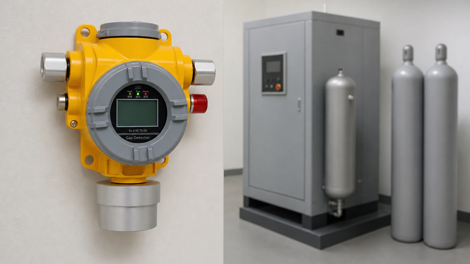 Otywell TCB2-F fixed gas detector monitoring oxygen in a nitrogen generator room