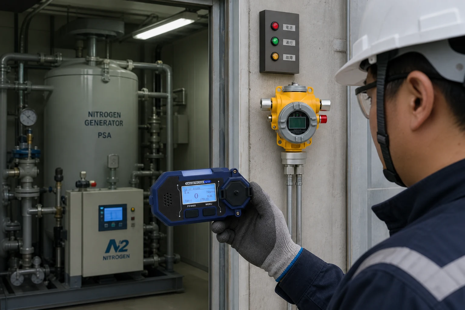 Ambient oxygen monitoring and entrance alarms for a nitrogen generator room
