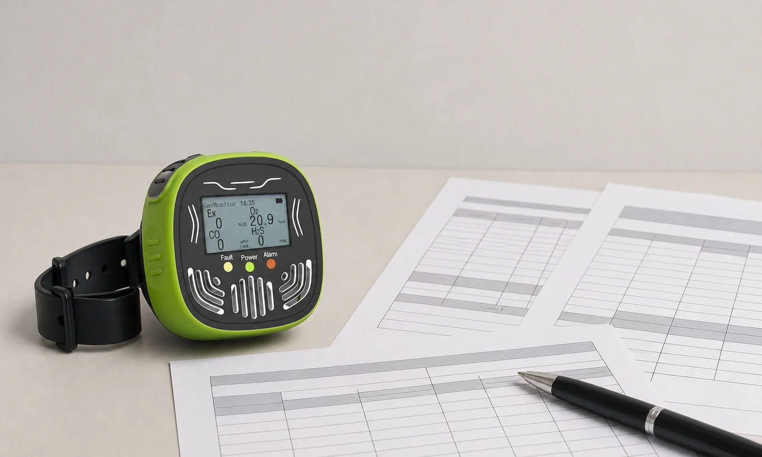 Wearable nitrogen dioxide detector beside printed enquiry documents