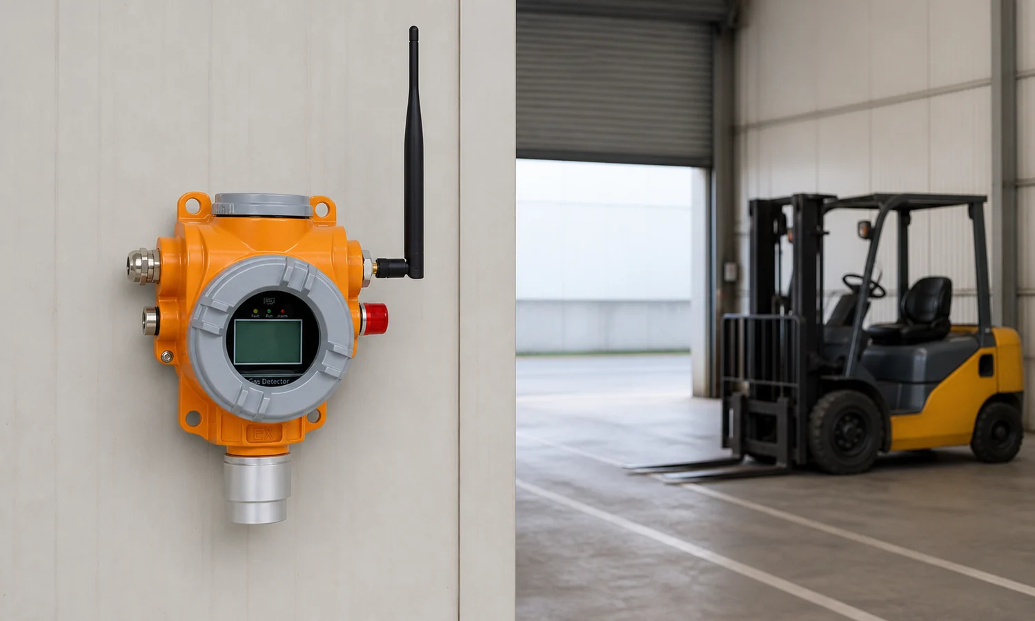 Fixed nitrogen dioxide detector mounted inside an enclosed loading bay