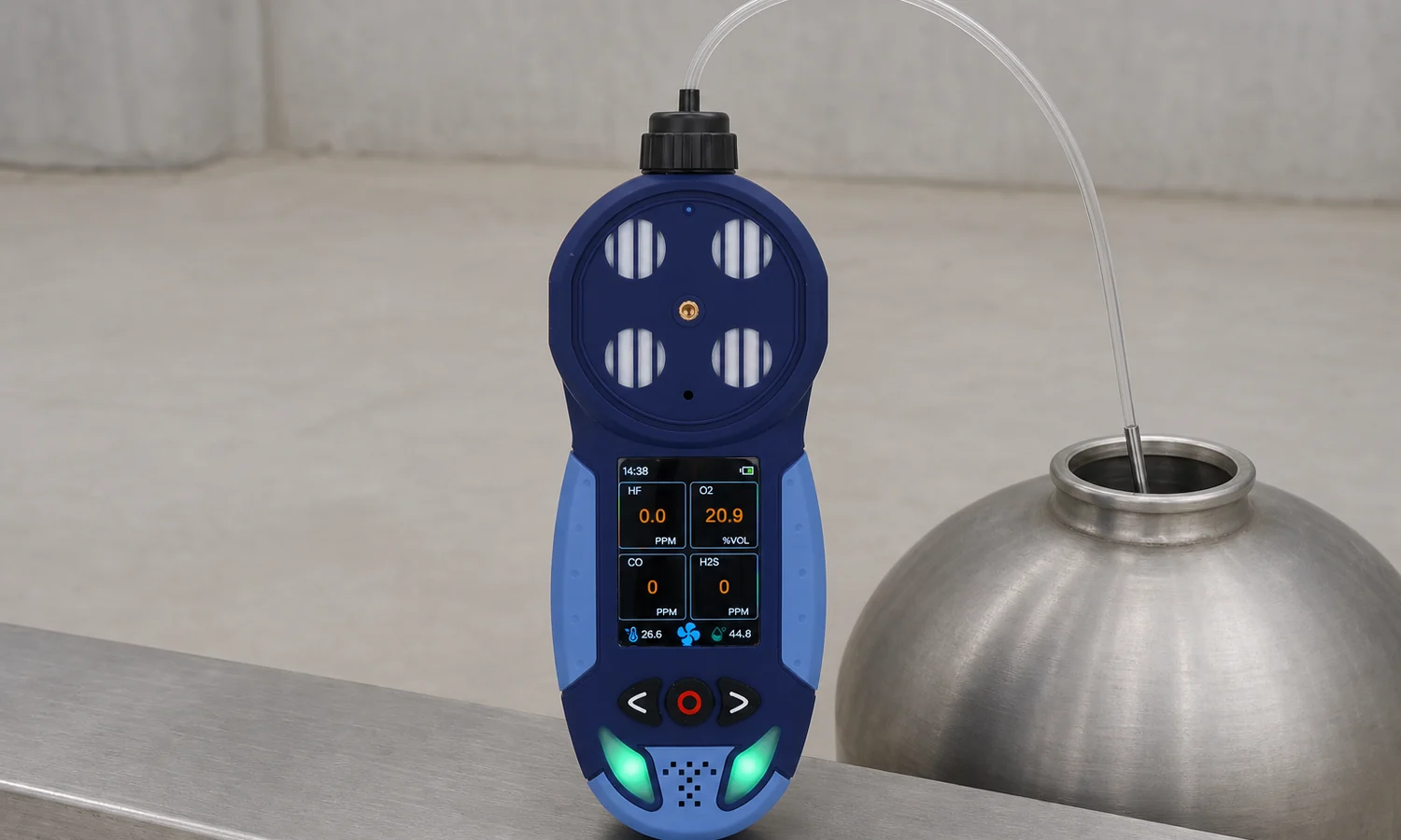 Pump suction hydrogen fluoride detector with sampling probe at a vessel