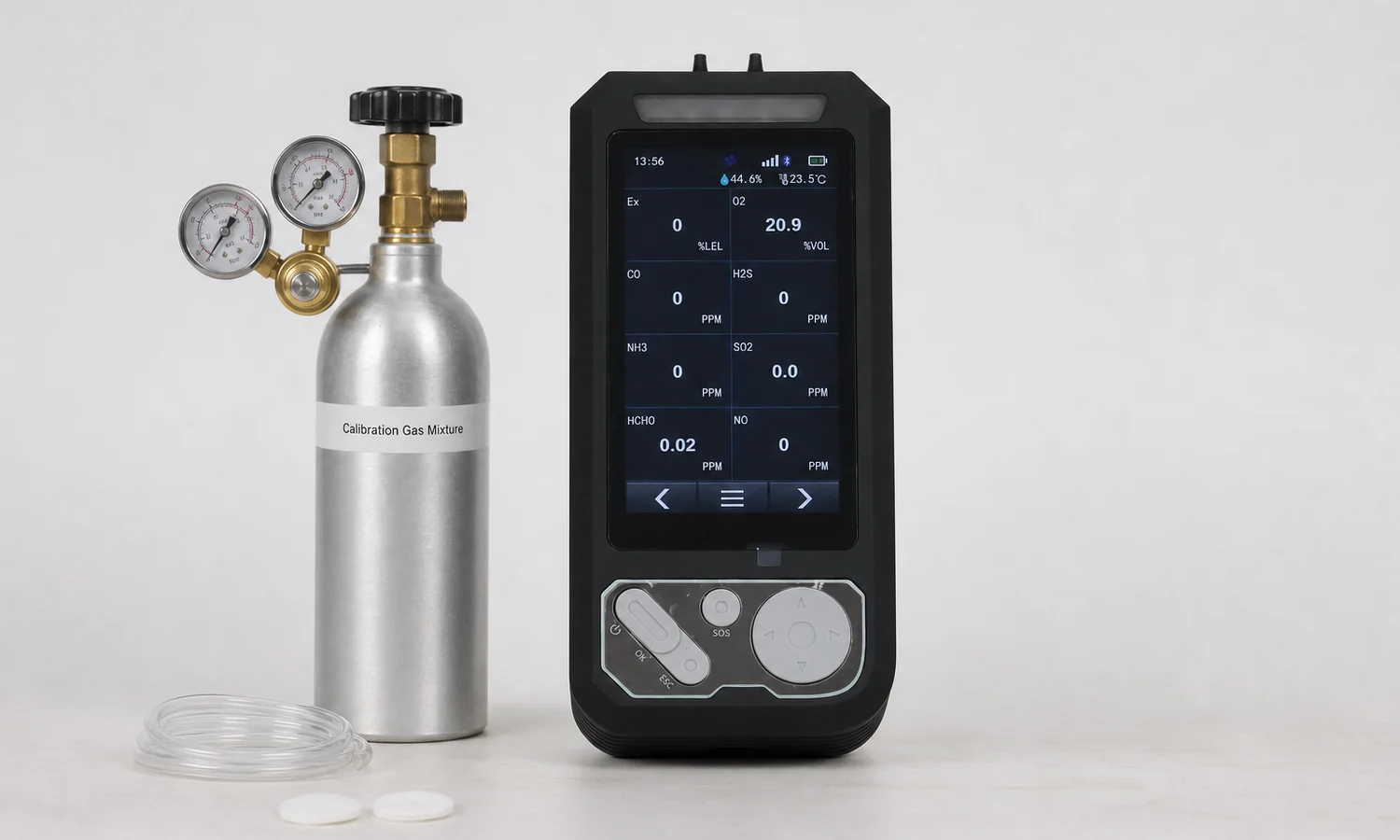 Multigas detector with a formaldehyde calibration gas cylinder and regulator