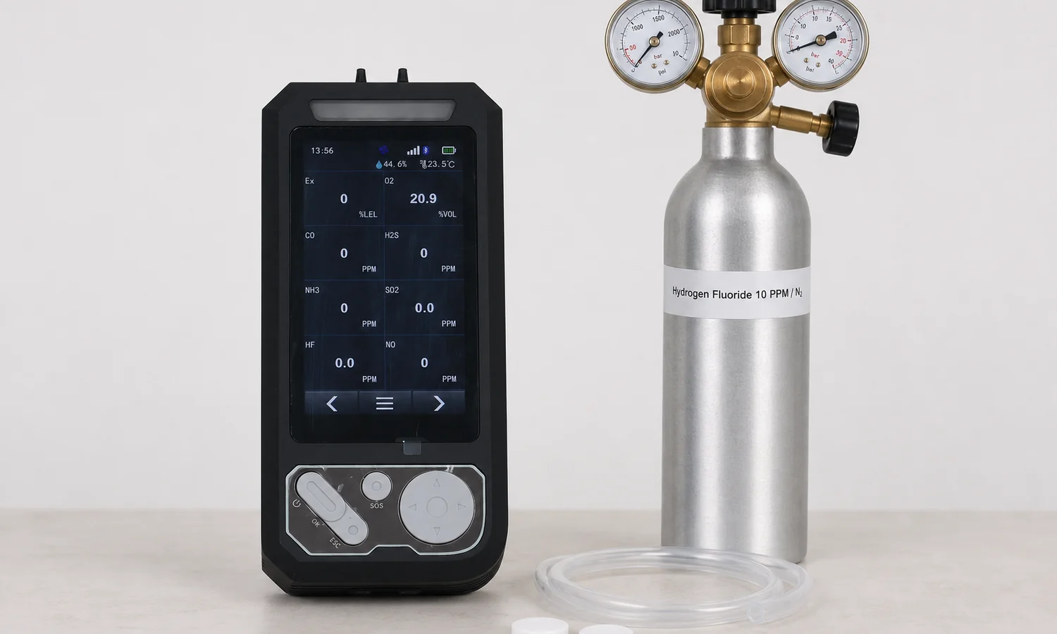 Eight channel detector with hydrogen fluoride test gas and regulator