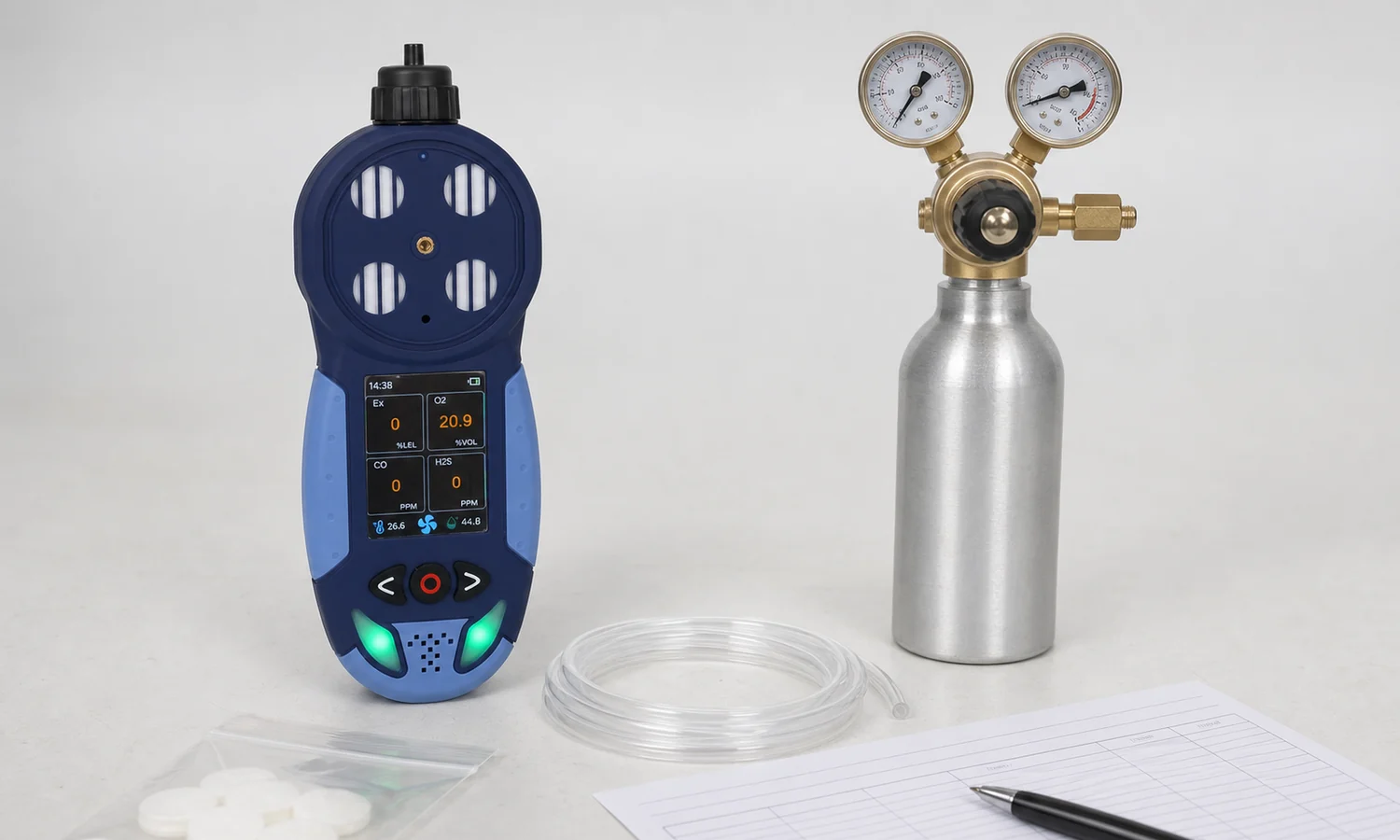 Ozone detector calibration kit with test gas cylinder regulator and tubing