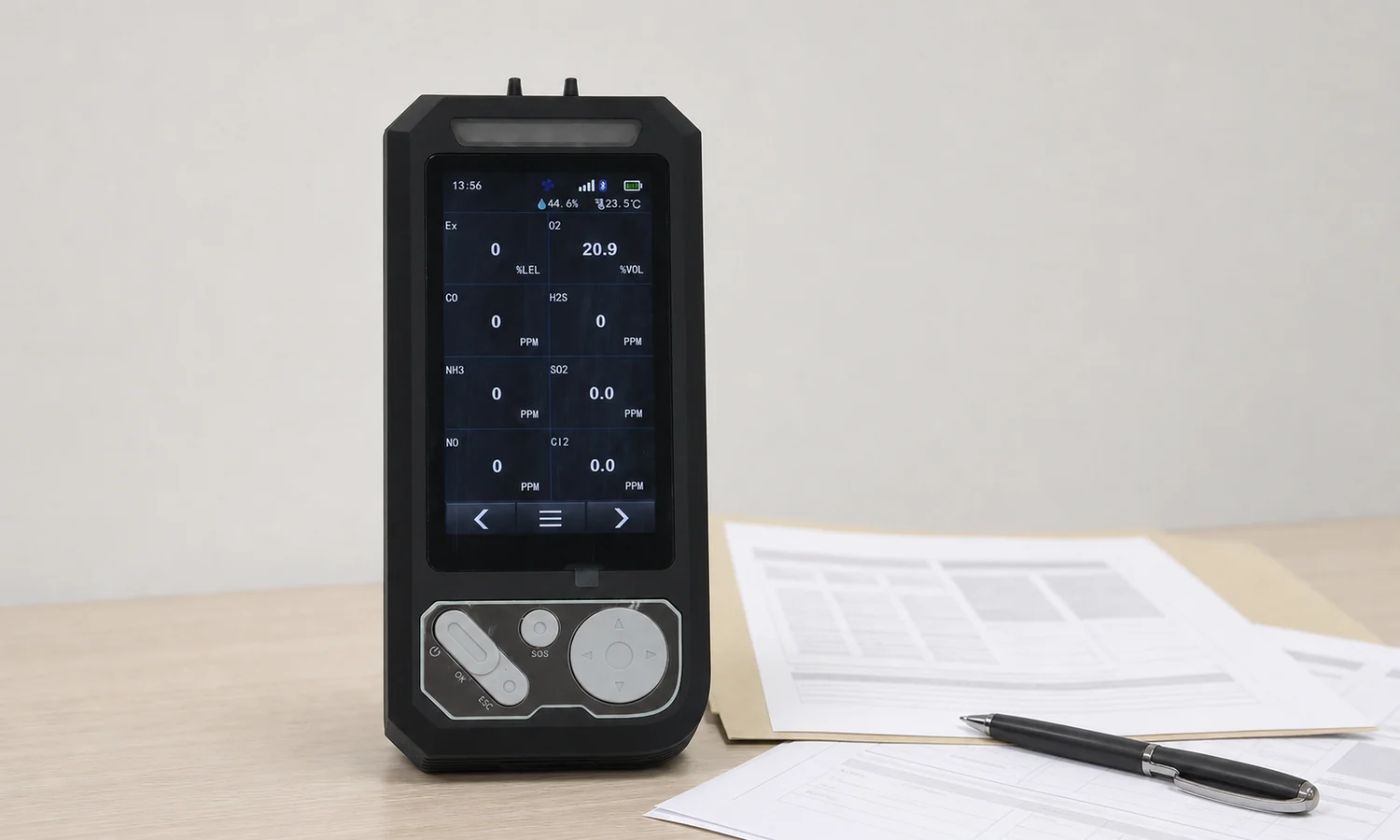 Ozone detector beside printed specification documents for a quotation