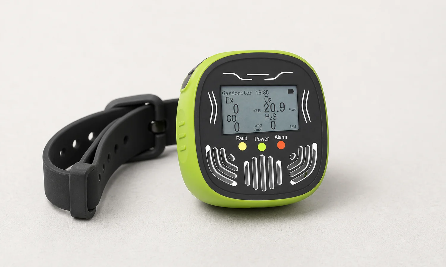 Wearable portable ozone detector lying on a laboratory bench with its strap