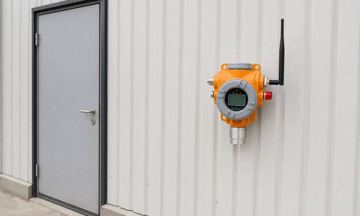 Fixed wireless phosphine detector mounted beside a sealed grain store door