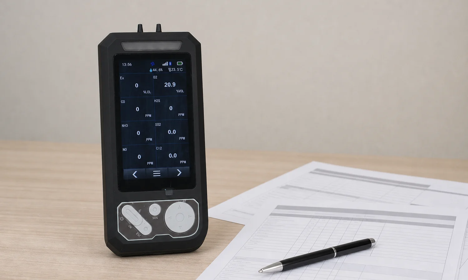 Phosphine detector beside printed specification sheets for a quotation