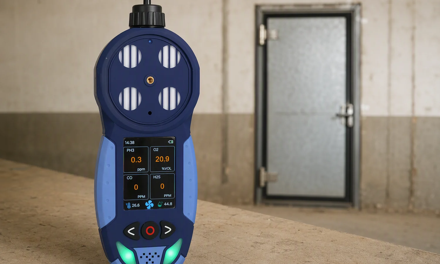 Pump suction phosphine detector showing a low 0.3 ppm reading