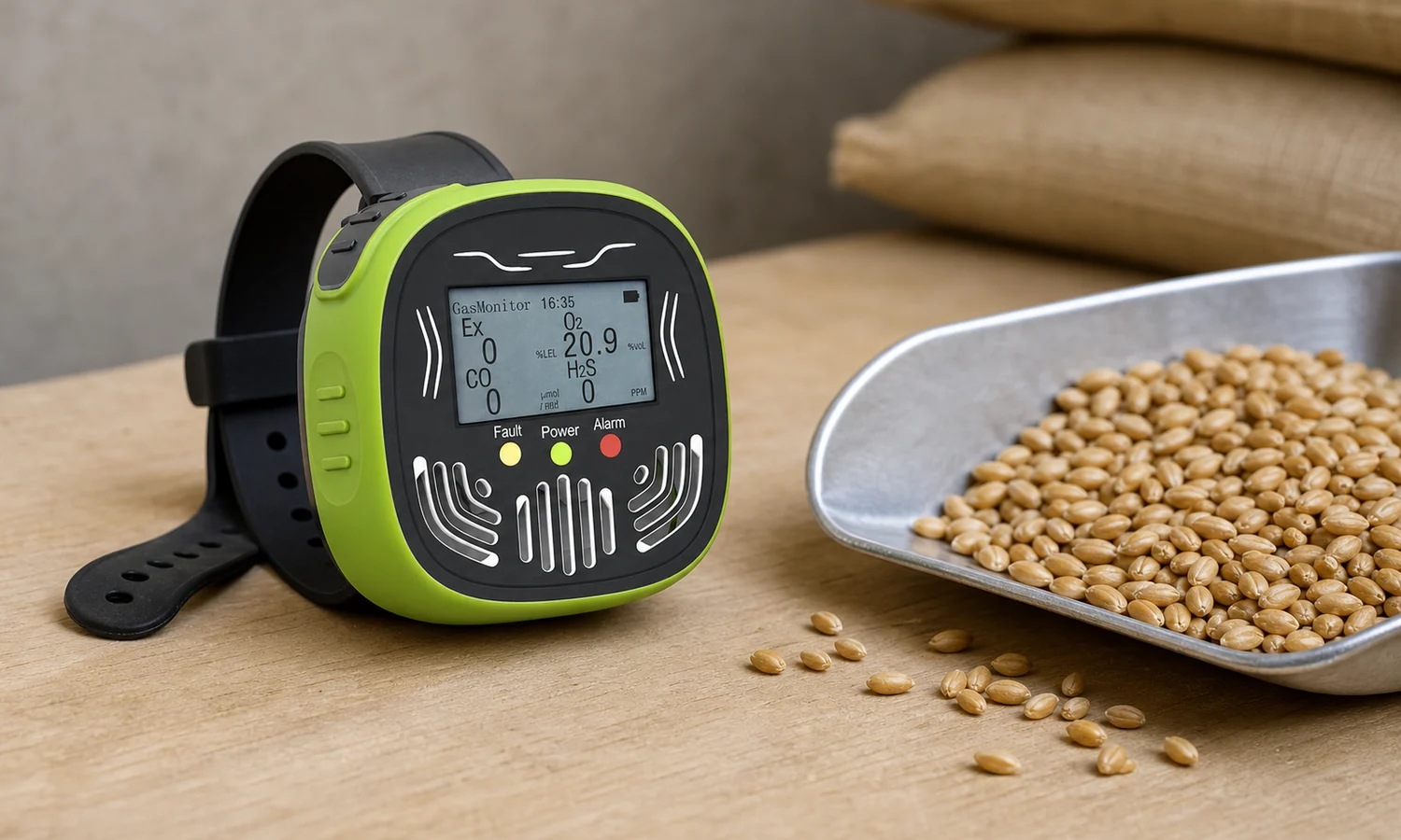 Wearable phosphine detector on a grain sample table inside a store
