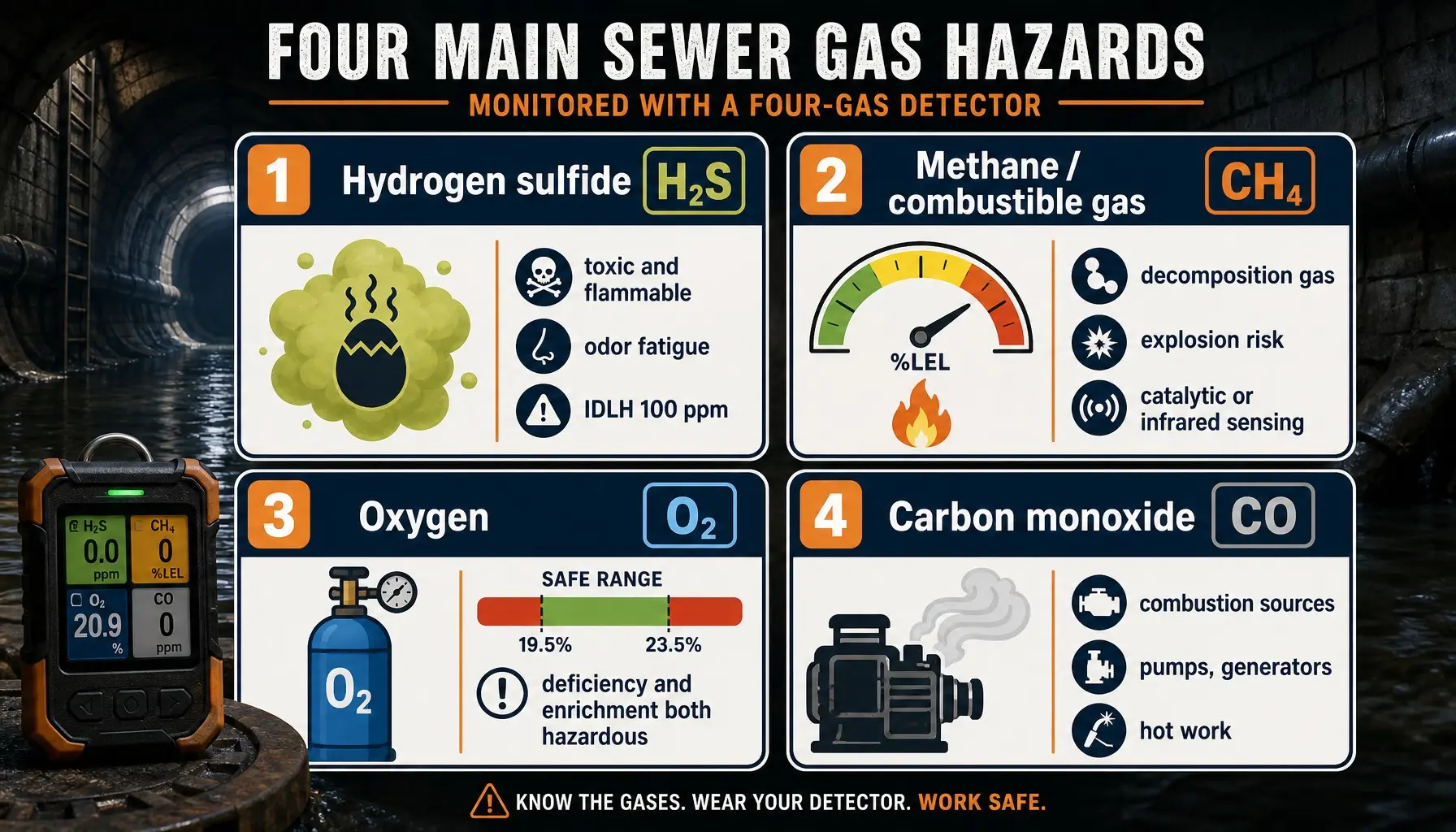 Sewer gas hazards monitored for hydrogen sulfide methane oxygen and carbon monoxide